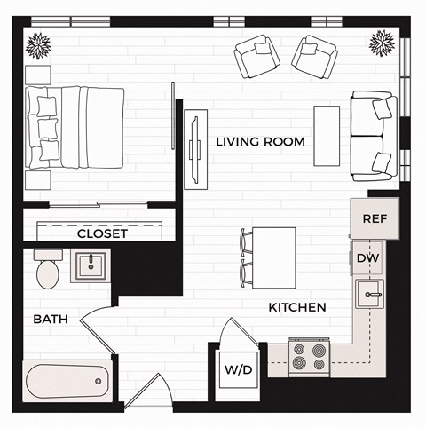 Floor plan for 1 bed, 1 bath, 578 sqft